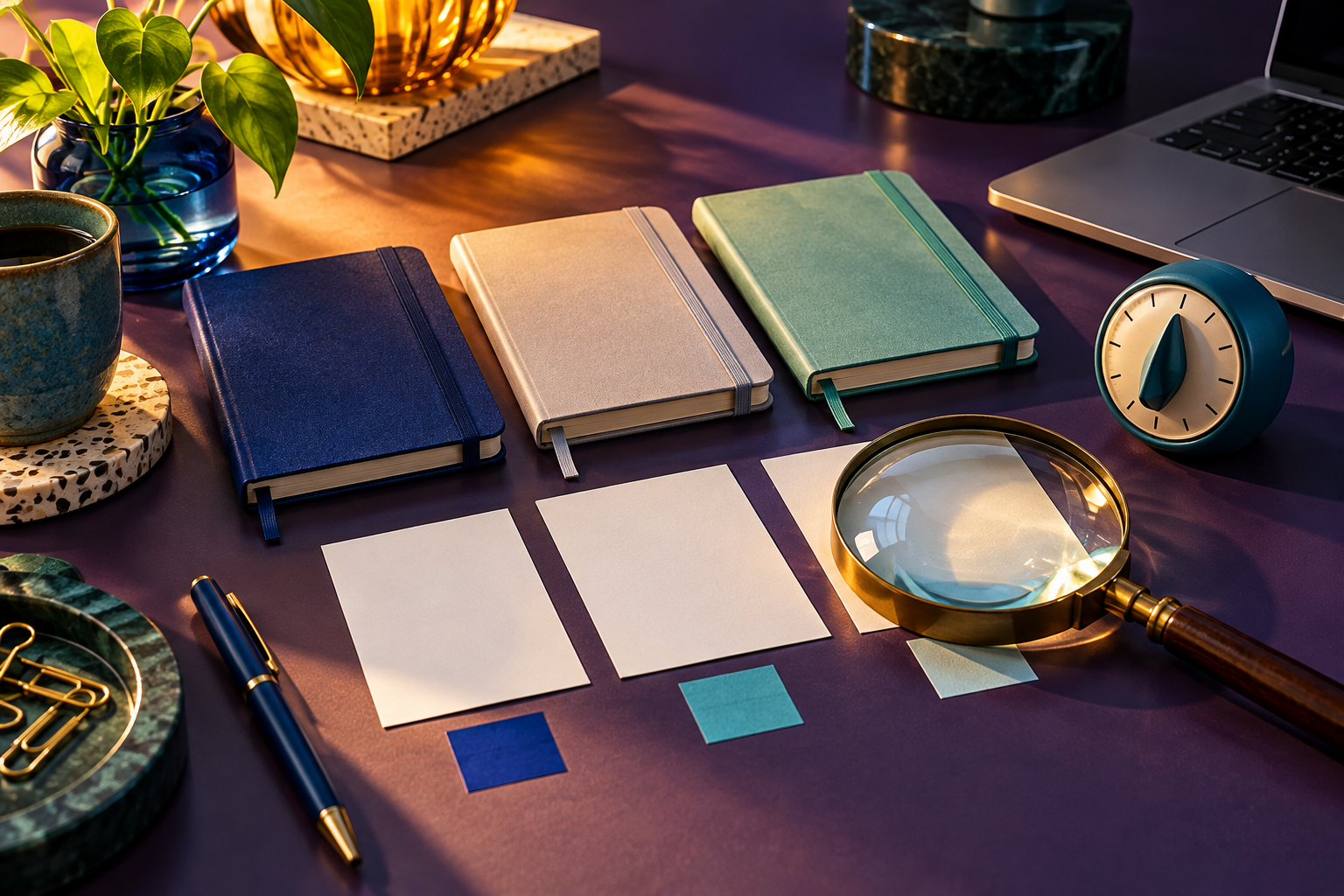 A magnifying glass and three test notebooks beside an unbranded laptop on a bold editorial desk.