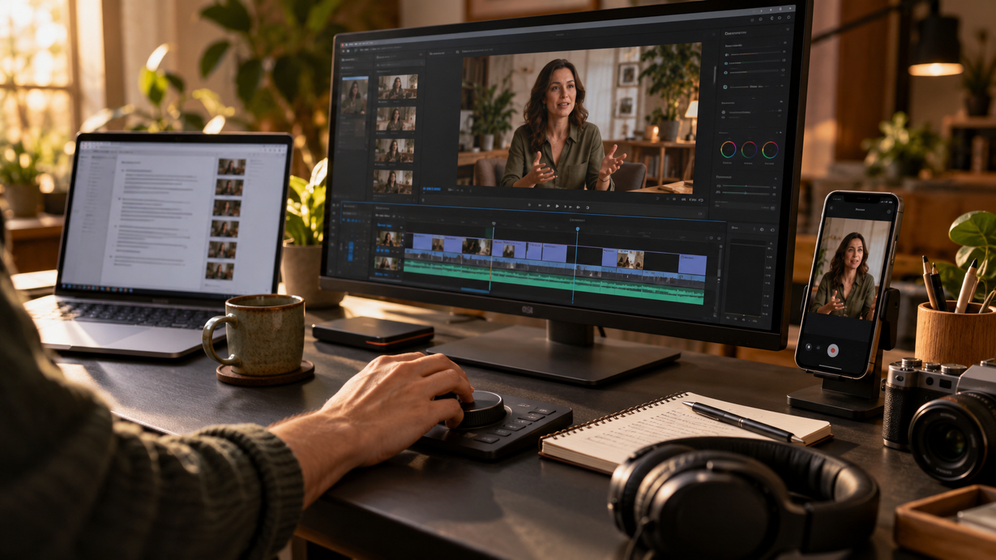 AI-generated editorial image of a video production desk with a microphone, camera, and editing monitor.