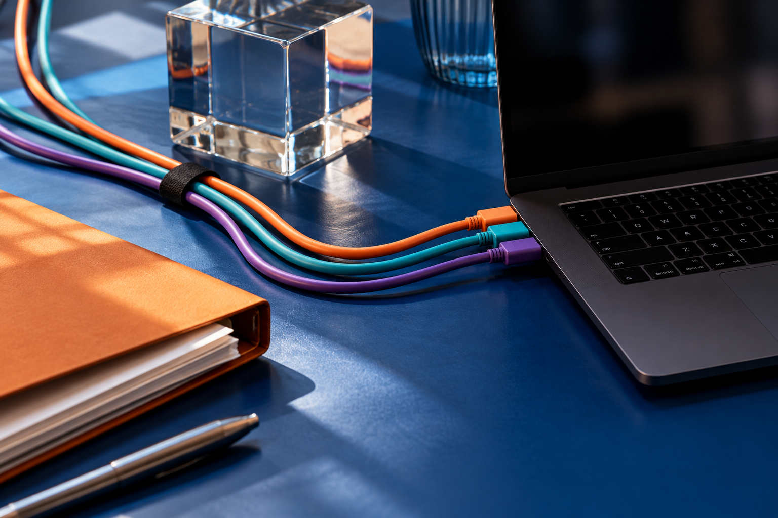 Colored data cables converge beside an open laptop on a vivid blue studio work surface.