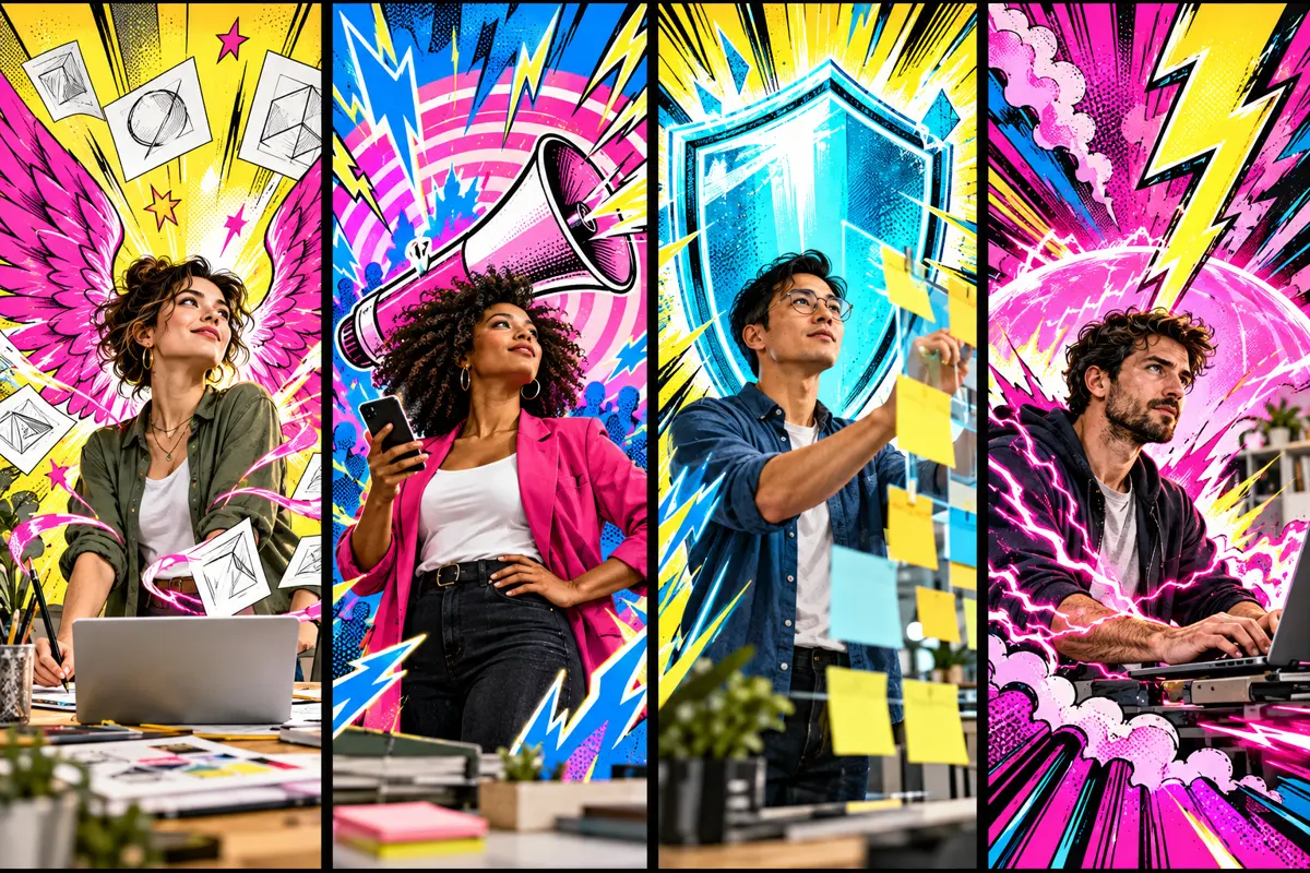 Fictional everyday superheroes with colorful illustrated powers