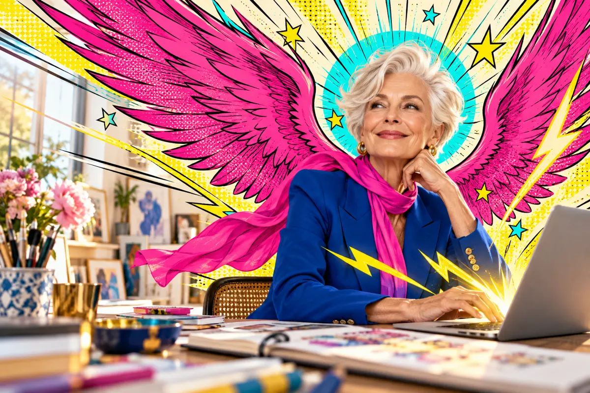 A fictional silver-haired woman with colorful illustrated superpowers